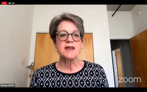 Bishop Sally Dyck reminds fellow bishops that COVID-19 is exacerbating problems in the U.S. and beyond its borders during an online meeting. Screenshot of Zoom meeting via Facebook by UM News. 