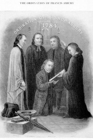 Philip Otterbein (second from left) participated in the ordination of Francis Asbury. Image courtesy United Methodist General Commission on Archives and History.
