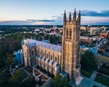 Aerial view of the Duke University Chapel in the center of the Duke campus in Durham, N.C. Completed in 1932, this gothic-style chapel seats over 1,800 people and stands 210 feet, making it one of the tallest buildings in Durham County. Photo by Estlin Haiss Photography. Haiss is a graduate of Duke University.