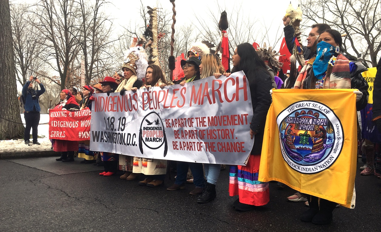 Participants in the Indigenous Peoples March walk down Constitution Ave. in Washington. Thousands of people walked from the Department of the Interior building in Washington to the steps of the Lincoln Memorial to shine a spotlight of Native America issues and concerns. UMNS photo by Erik Alsgaard, Baltimore-Washington Conference.