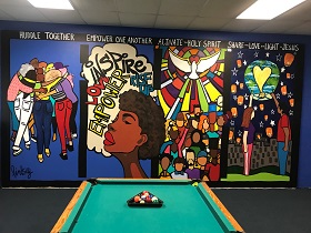 The game room in the John Meeks Center provides inspirational artwork and an opportunity to relax. Photo courtesy of Pastor Kimberlynn Alexander
