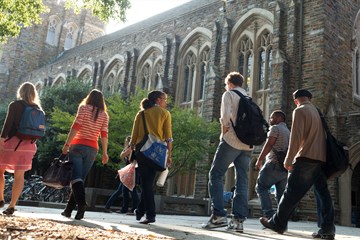 Students walk on the campus of Duke University. Photo by Les Todd, Duke University.